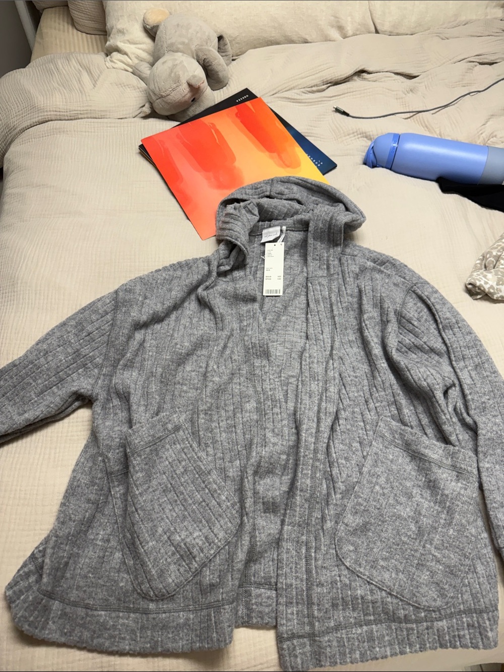 Urban Outfitters Gray Hooded Rib-Knit Cardigan